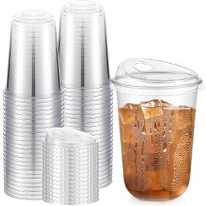 Ziliny 50 Pack 16 oz Clear Plastic Cups with Sip Lids & Straws, Disposable PET Crystal Iced Coffee Cups with Lids for Coffee Smoothie, Milkshake, Cold Drinks