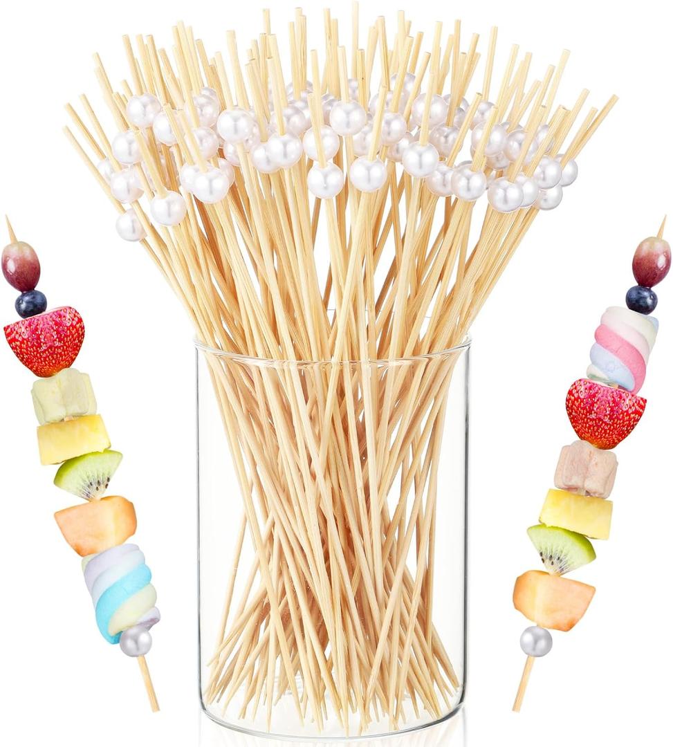 100 Pcs 8 Inch Long Cocktail Picks Fancy Toothpicks for Appetizer Bamboo Cocktail Sticks for Fruit Drink Dessert Barbecue Charcuterie Pearl Skewers for Wedding Birthday Baby Shower Party (White)