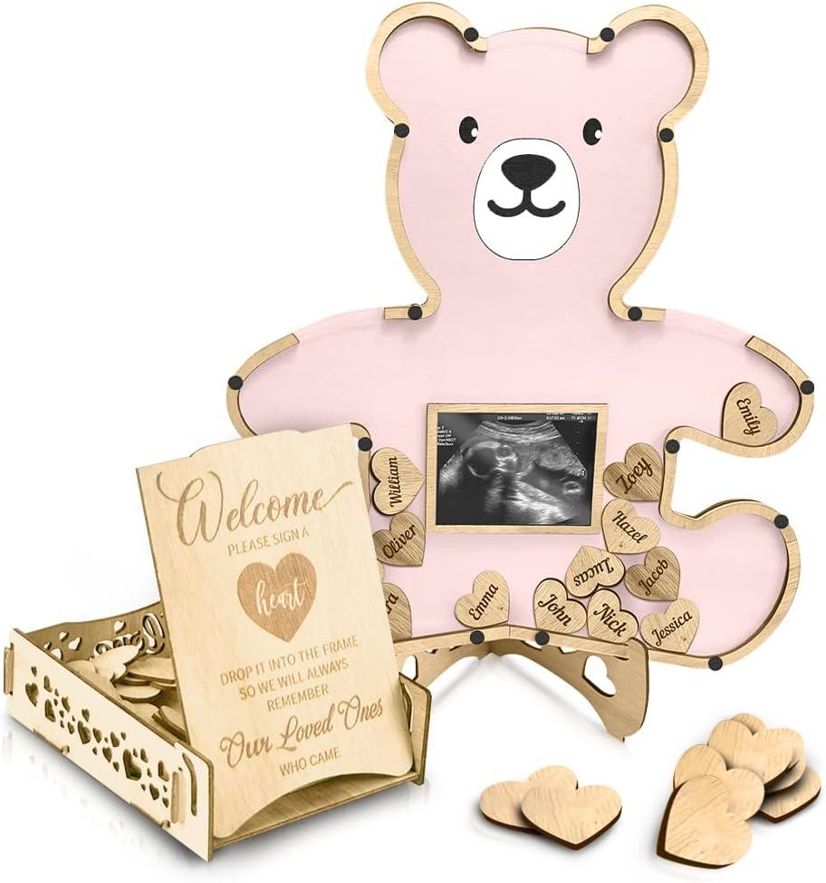 Teddy Bear Baby Shower Decorations Guest Book - We Can Bearly Wait For Girl- Centerpiece - Woodland - Ultrasound Picture Frame Keepsake (Pink)