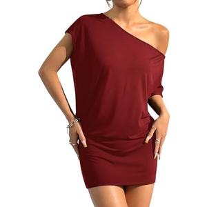 SOLY HUX Women's Off The Shoulder Mini Dress Going Out Asymmetrical Neck Short Sleeve Casual Bodycon T Shirt Dresses Medium
