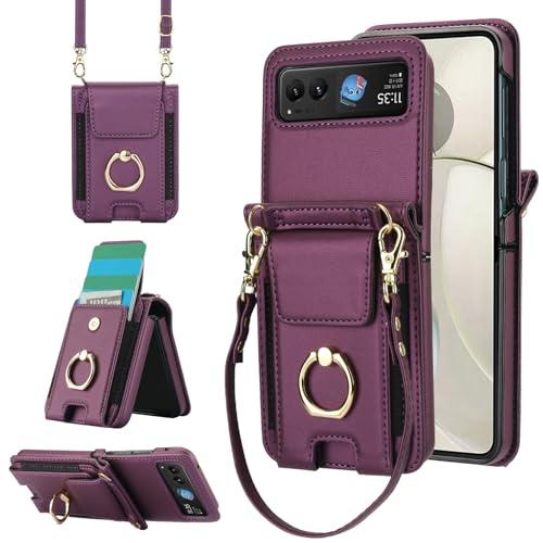 Phone Case for Motorola Razr 40/Moto Razr 2023 Wallet Cover With Ring and Crossbody Wrist Strap Lanyard Credit Card Holder Slot Stand XT2323-6 Razor Razer Razr2023 Razr40 Women Men Girls Dark Purple
