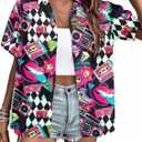 80s 90s Outfits for Women Retro 80's Disco Party Shirt Button Down Short Sleeve Tshirt 90's Blouse Hawaiian Tops (Pink, S)