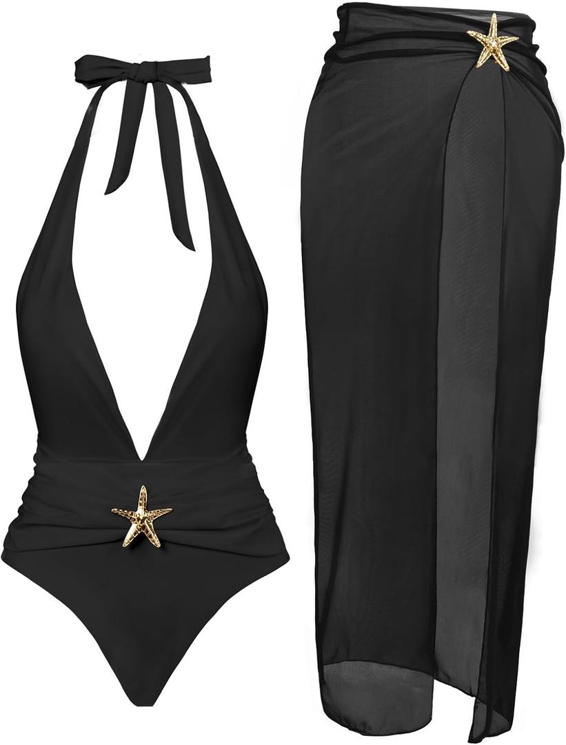 Womens One Piece Swimsuits with Cover Up Halter Backless Summer Beach Vacation Party Sexy V Neck Starfish Bathing Suit (Medium, Black)