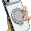 Caseative Electroplated Glitter Bling Sparkle Diamond Ring Bracket Mirror Clear Magnetic Case for iPhone, Compatible with MagSafe Wireless Charging (Silver,iPhone 17 Pro Max)