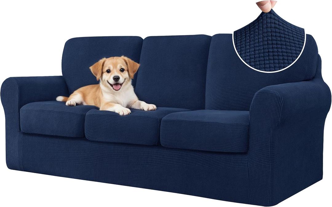 CHUN YI 7 Piece Couch Covers Sofa Covers Washable, Stretch Sofa Slipcovers for 3 Cushion Couch with Seperate Backrest and Cushion Covers, Anti Slip Furniture Protector for Dogs Pets (Large, Dark Blue)