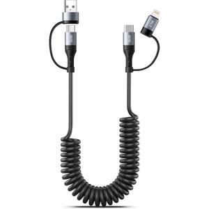 Coiled Lightning Cable 4 in 1 4FT Multi Charging Cable 60W Fast Charging Retractable Car Charger Cord for iPhone 17/16/15/14/13/12/11 Pro Max/XS MAX/XR/XS/X/8/7/6 Plus/iPad/AirPods/MacBook/CarPlay