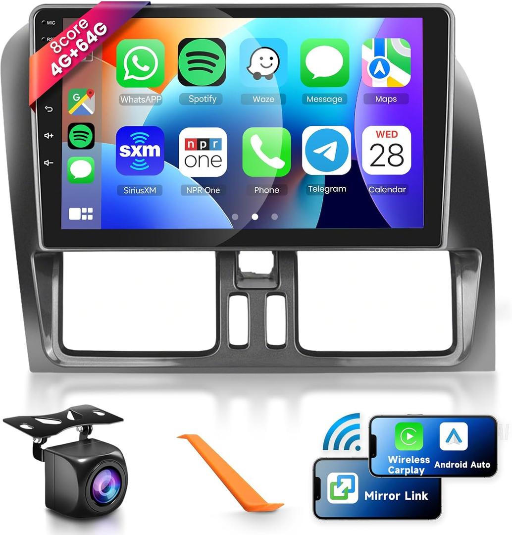 8 CORE 4G+64G Car Radio Stereo for Volvo XC60 2008-2013, Wireless CarPlay/Android Auto 9 Inch 1280 * 720P IPS Touch Screen Android 13 GPS WiFi Bluetooth 32-Band DSP HD Backup Camera