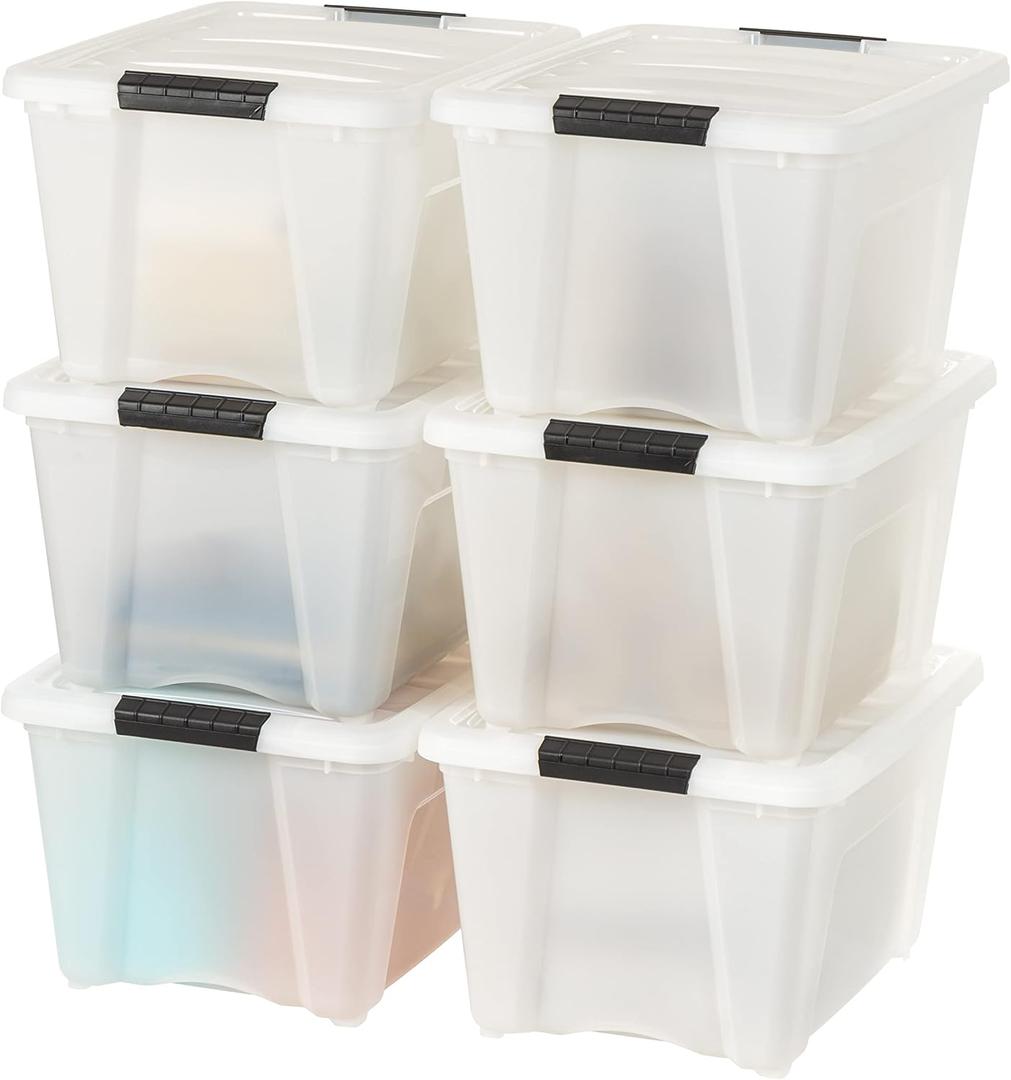IRIS 588248 32 Quart Clear Stack and Pull Storage Container Box Bin System with Secure Latching Lids for Home, Closet, or Office (6 Count) (Pearl)