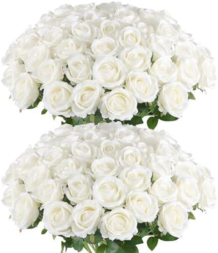 Hananona 50 Pcs Artificial Roses in Bulk, Fake Velvet Silk White Roses Realistic White Roses for Wedding Centerpieces Flower Arrangement Home Decor (50, White)