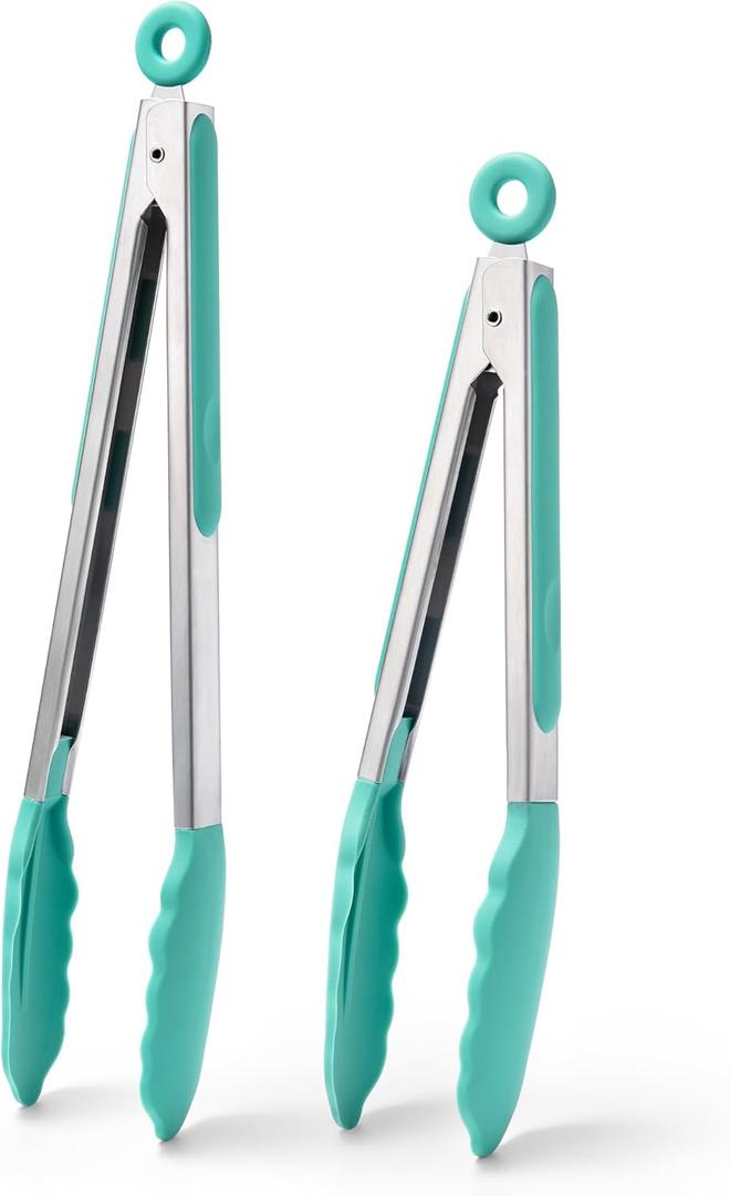 Doosu Kitchen Tongs for Cooking - 600F Heat Resistant Food Tong Set with Non-Scratch Silicone Tips, Heavy Duty Stainless Steel Locking Tong for BBQ, Grilling Steak, Serving Salad (9+12in, Aqua Sky)