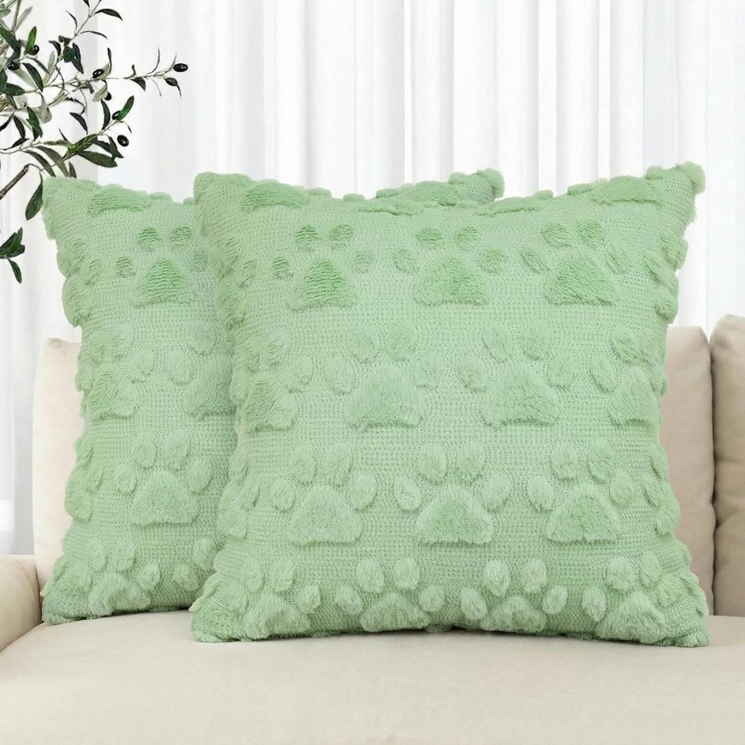 AVOIN colorlife Spring Pet Dog Paws Light Green Throw Pillow Covers, 18 x 18 Inch Soft Plush Faux Fur Jacquard Cushion Case Farmhouse Decoration for Sofa Couch Set of 2