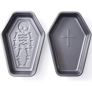 Coffin Cake Pan Set of 2 - Skeleton & Cross Nonstick Carbon Steel Baking Pans, 10 x 6.9 in, Gothic Halloween Coffin-Shaped Cake Pans for Brownies, Loaf Cakes and Party Desserts
