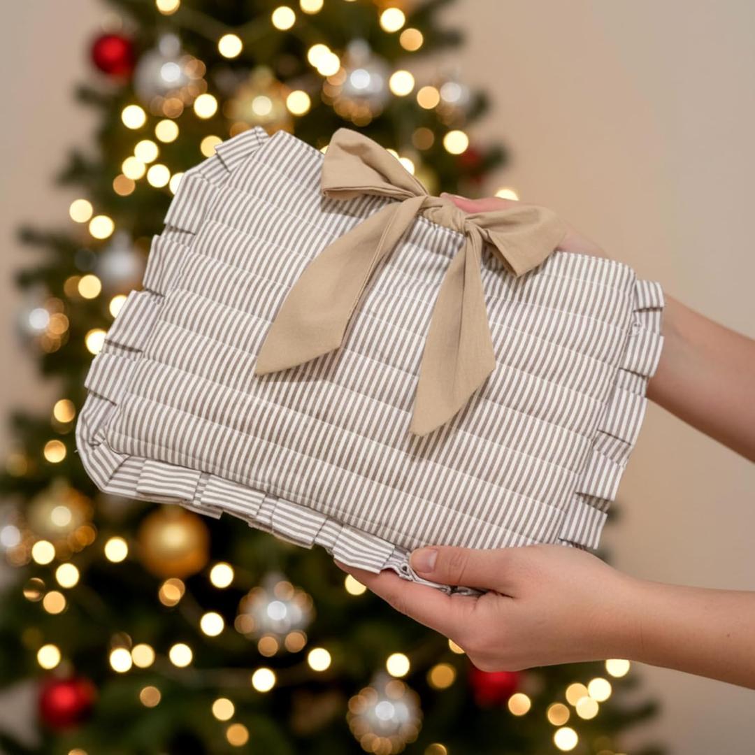 Honoson Quilted Bow Bible Sleeve Book Cover Case Padded Protector Washable Bible Bag Pouch Christian Gift for Women Girls Book Lover Gifts (Khaki Striped)