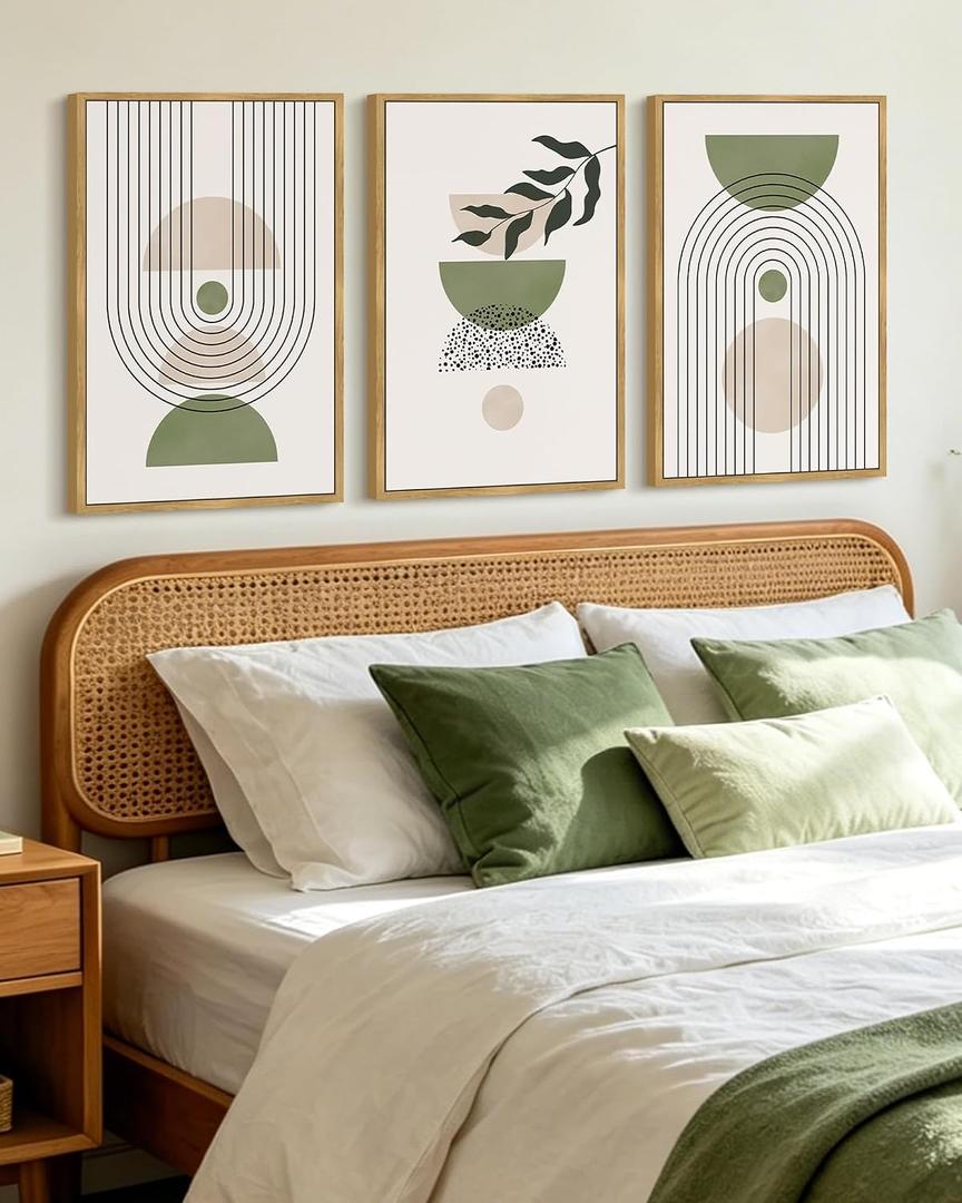 KUVIOKE Framed Green Botanical Boho Wall Art Modern Sage Bohemian Wall Decor Geometry Lines Prints Ready to Hang 16x24in (Natural Framed), 24L" x 16W" x 3 Panels Natural