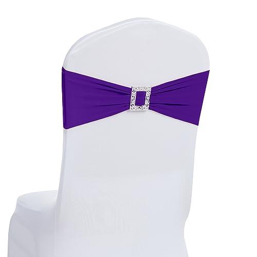 Joccun 120 PCS Spandex Chair Sashes Bows Stretch Chair Cover Band with Buckle Slider Universal Elastic Chair Ties for Wedding Banquet Party Event Decoration (Purple)