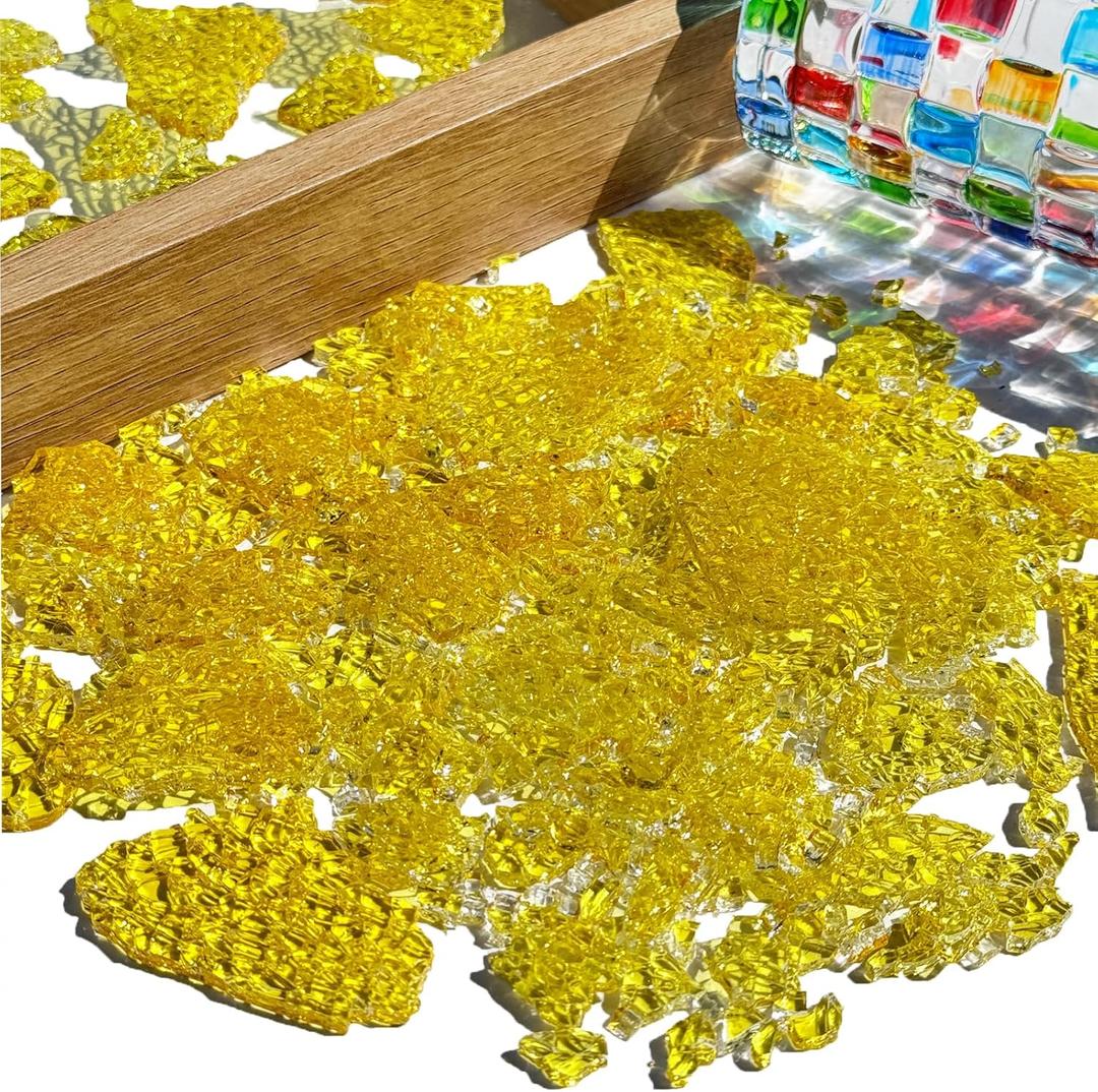 Yellow Cracked Ice Glass Mosaic Tiles for Crafts Bulk, 3.5oz Value Pack Stained Glass Pieces, Mosaic Making Supplies for Stained Glass Projects