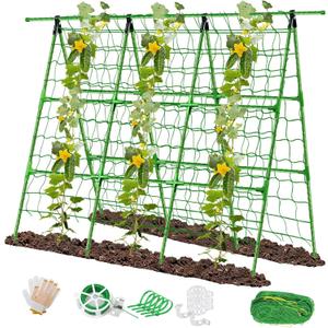 Joyhalo A-Frame Cucumber Trellis for Raised Beds, 47" Hx 57" L Adjustable Size, Garden Trellis for Climbing Plant Outdoors with Climbing Net and Plant Support Clip for Vegetable Vine Pea Bean Tomato