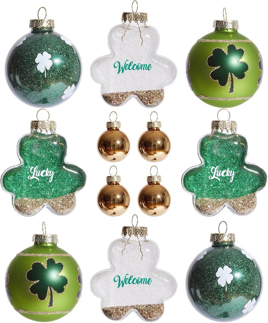 WDS WONDROUS 12-Piece St Patricks Day Ornaments Set, Mixed Size Shamrock Lucky Welcome Decor with Gold Glitter for Christmas Tree Home Party Spring Decor, Irish Glass Ball Hanging Decorations (Green & White & Gold)