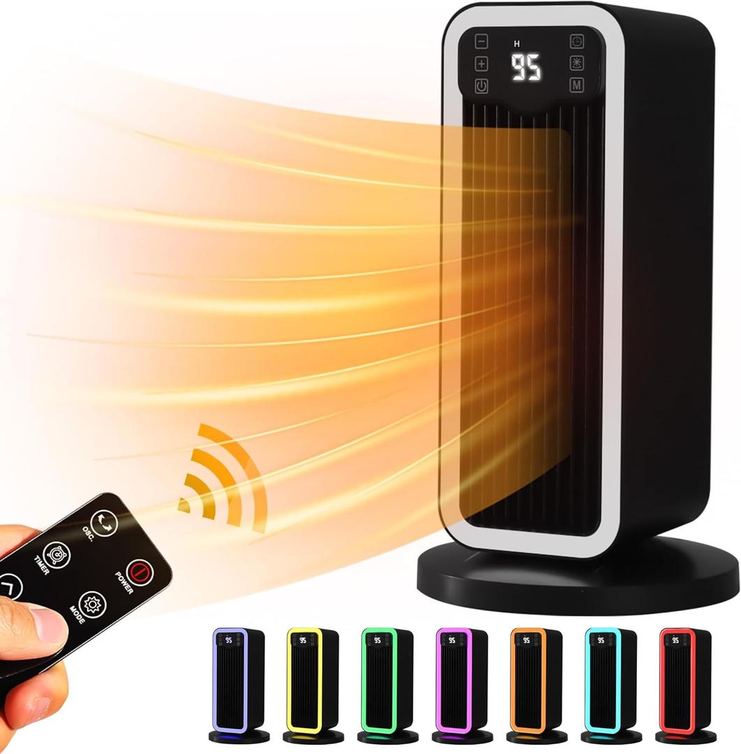 Space Heater, 1500W PTC Heater with ECO Thermostat System, Oscillating 70°, 12H Timer, Heaters for Indoor Use with Remote Control, 8 Color Changing Lights, Safety Features for Home Bedroom, Office