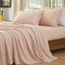 KKJIAF 4 Pieces Plaid Ruffle King Size Sheets Set, Cotton Gingham King Sheet Set Linen Feel Comfy Breathable Ruffed Plaid Bed Sheet Set with 16 Inch Deep Pocket, Light Pink