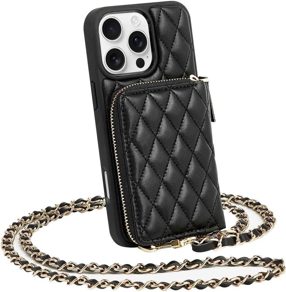 LAMEEKU Compatible with iPhone 16 Pro Max Wallet Case with Card Holder, Quilted Leather Crossbody Zipper Case for Women for iPhone 16 Pro Max 6.9'' Black