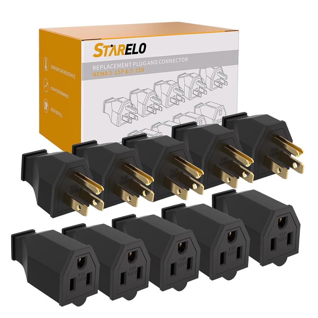 STARELO Extension Cord Ends 125V 15A 2Pole 3Wire Male Plug and Female Connector Straight Blade Plug Replacement Electrical Extension Cord End(Male & Female 5 Set)