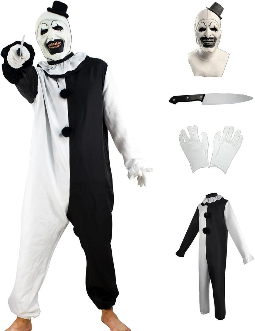 Killer Clowns Cosplay Costume for Horror Movies Scene-Stealer Skin-Tight Halloween Outfit (3X-Large, Black and White)