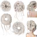 HOOJIH Messy Bun Hair Pieces, 4 Pieces Messy Bun Straight Bun Hair Pieces for Women Wavy Tousled Updo Short Ponytail Hair Extensions Large Bun with Elastic Band - Platinum with Medium Blonde Mixed