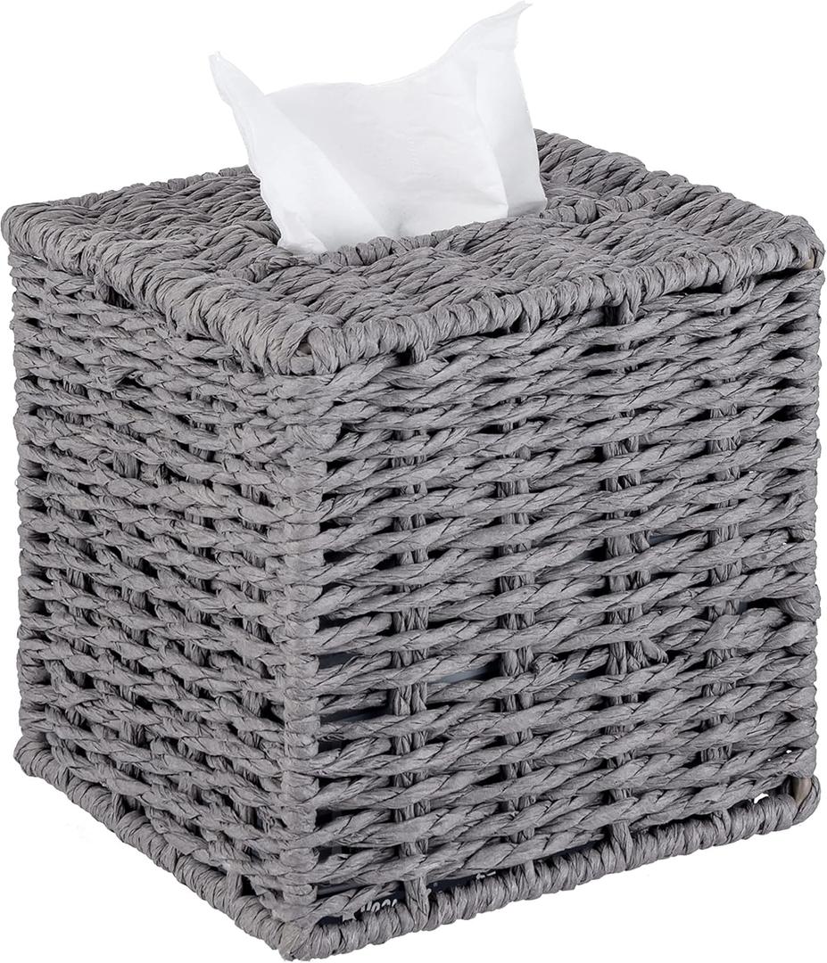 MyGift Gray Tissue Box Cover Square with Lid - Decorative Rattan Kleenex Holder, Woven Cube Tissue Holder for Bathroom Toilet Bedroom Living Room Kitchen Table Desk Office Car