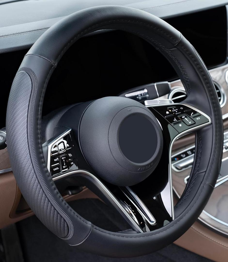 Magnelex Microfiber Leather Steering Wheel Cover  Black. Heat Resistant Anti-Slip Car Wheel Wrap - Compatible with Most Makes and Models of Cars and Trucks with 14.5 to 15 Inch Steering Wheels