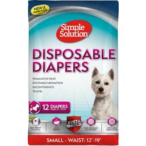 Simple Solution Disposable Female Dog Diapers, Absorbent Leak Proof Protection for Incontinence, Puppy Training, Heat Cycle, Travel, and Housebreaking, Small Dogs, 15–19 Inch Waist, 12 Count