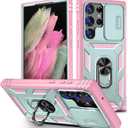 for Samsung Galaxy S24 Ultra Case Military Grade Drop Shock Protection Cell Phone Cover with Slide Camera Cover Built-in 360 Rotate Ring Stand for S24 Ultra 6.8 - Pink