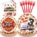 96Pcs Fire Truck 3rd Birthday Decorations Firefighter 3rd Birthday Plates and Napkins Tableware Sets Sound the Alarm Party Decorations for Boys Firetruck Fireman 3 Years Old Party Supplies Serve 24