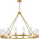 Farmhouse Wagon Wheel Chandelier,D42 16 Light Gold Industrial Rustic Chandelier Lighting, Round Kitchen Island Pendant Light with Clear Glass(42in-16 Lights)