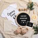 8 Pcs Pregnancy Announcement Set Pregnancy Reveal Ideas Include Felt Letter Round Board Kit Baby Bodysuit Booties Wood Blocks Wooden Signs for Coming Soon Baby Announcement(Black)