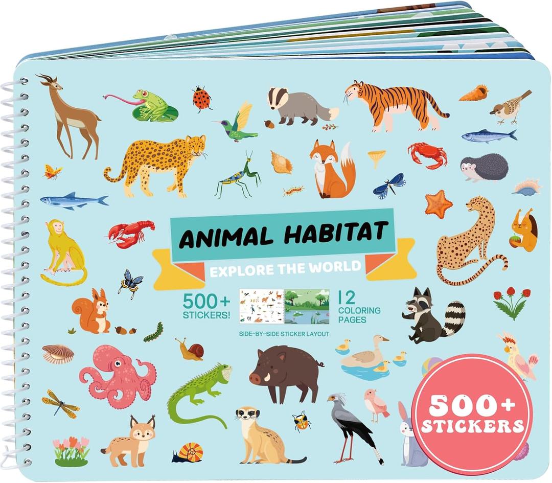 Animals Habitat 500+ Kids Sticker Book, 12" x 9.25"Toddler Airplane Travel Activity Coloring and Sticker Book, Road Trip Essentials, 12 Coloring Pages + 12 Scenes, Sticker Books for Toddlers Ages 28 Years