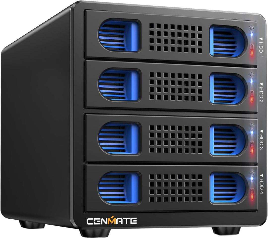 CENMATE Aluminum 4 Bay 10Gbps Hard Drive Enclosure with Cooling Fan for 2.5/3.5" SATA HDD/SSD with USB A/C 3.2 Gen 2, Support Hot Swappable, Tool-Free HDD Enclosure, DAS (NO RAID/NAS)