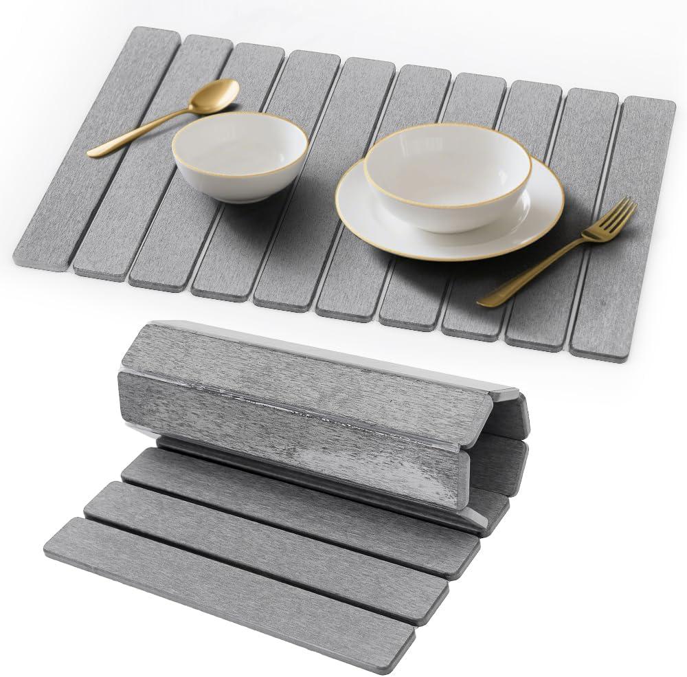 Stone Drying Mat for Kitchen Counter, Quick Diatomaceous Earth Mats for Dishes, 23.6"L x 15.7" W Super Absorbent Fast-Drying Collapsible Countertop Stone Mat (Light Grey, 24" x 16")