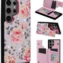 UEEBAI Wallet Case for Samsung Galaxy S25 Ultra 5G with Card Holders, PU Leather Cover Kickstand RFID Blocking Double Magnetic Clasp Rilievo Flower Flip Case for Women Girls - Purple Rose