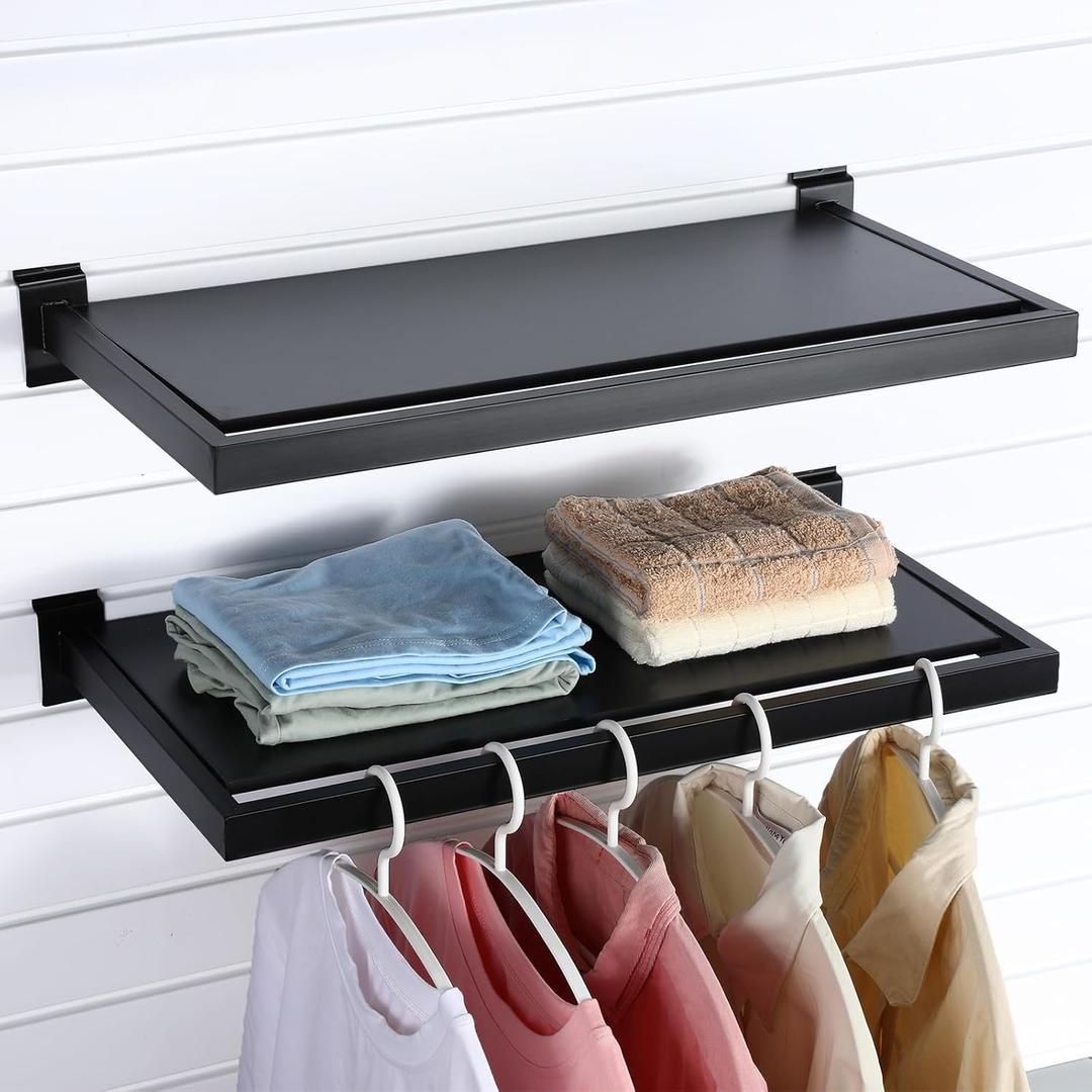 Blulu 2 Pack Slatwall Shelf, 23. 6x11. 8 Inch Wooden Wall Shelves with Metal Rectangular Tubing U Shaped Hanger Slatwall Shelving Organizer Accessories for Home Retail Display (Black)