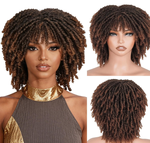 Braided Wigs for Black Women and Men Dreadlock Wig Short Afro Wig Layered Glueless Passion Twist Hair Faux Locs Crochet Hair Curly Synthetic Wig with Bangs (#1B Ombre Brown, 12 Inch)