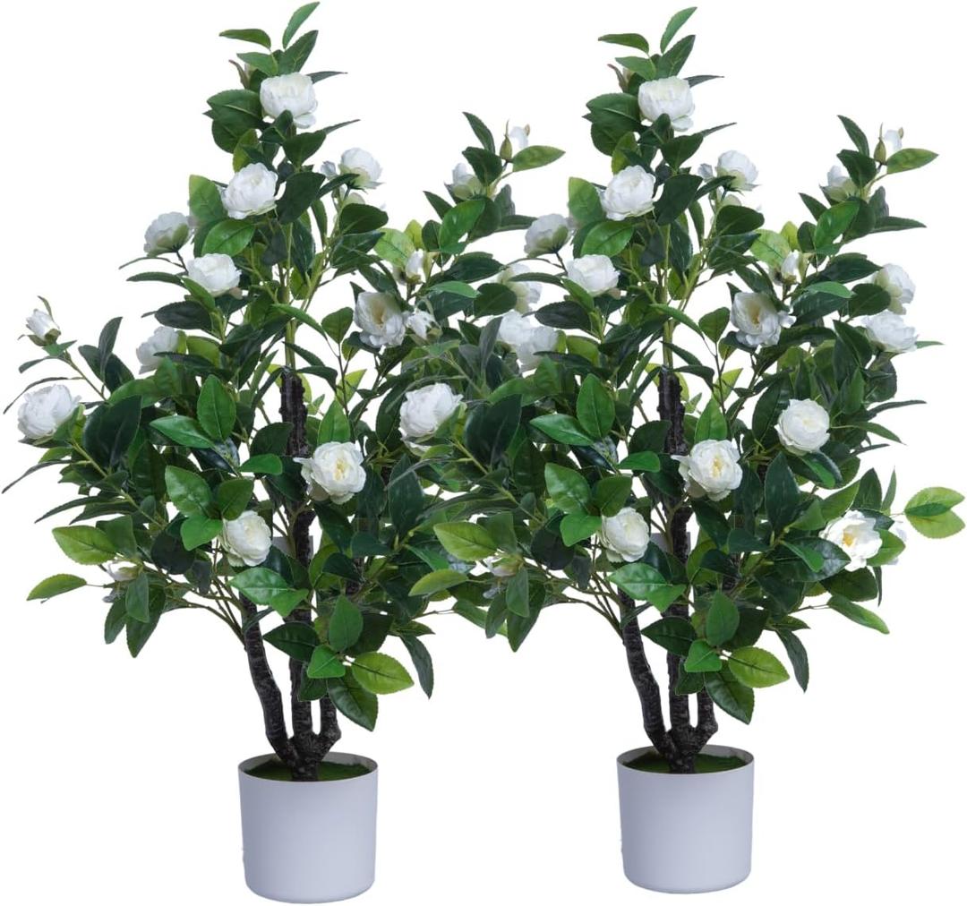 Artificial Camellia Tree 35in Faux Floral Plant with White Flowers and Green Leaves - No Maintenance Indoor Outdoor Office Home Porch Decor Housewarming Gift(2PackWhite)