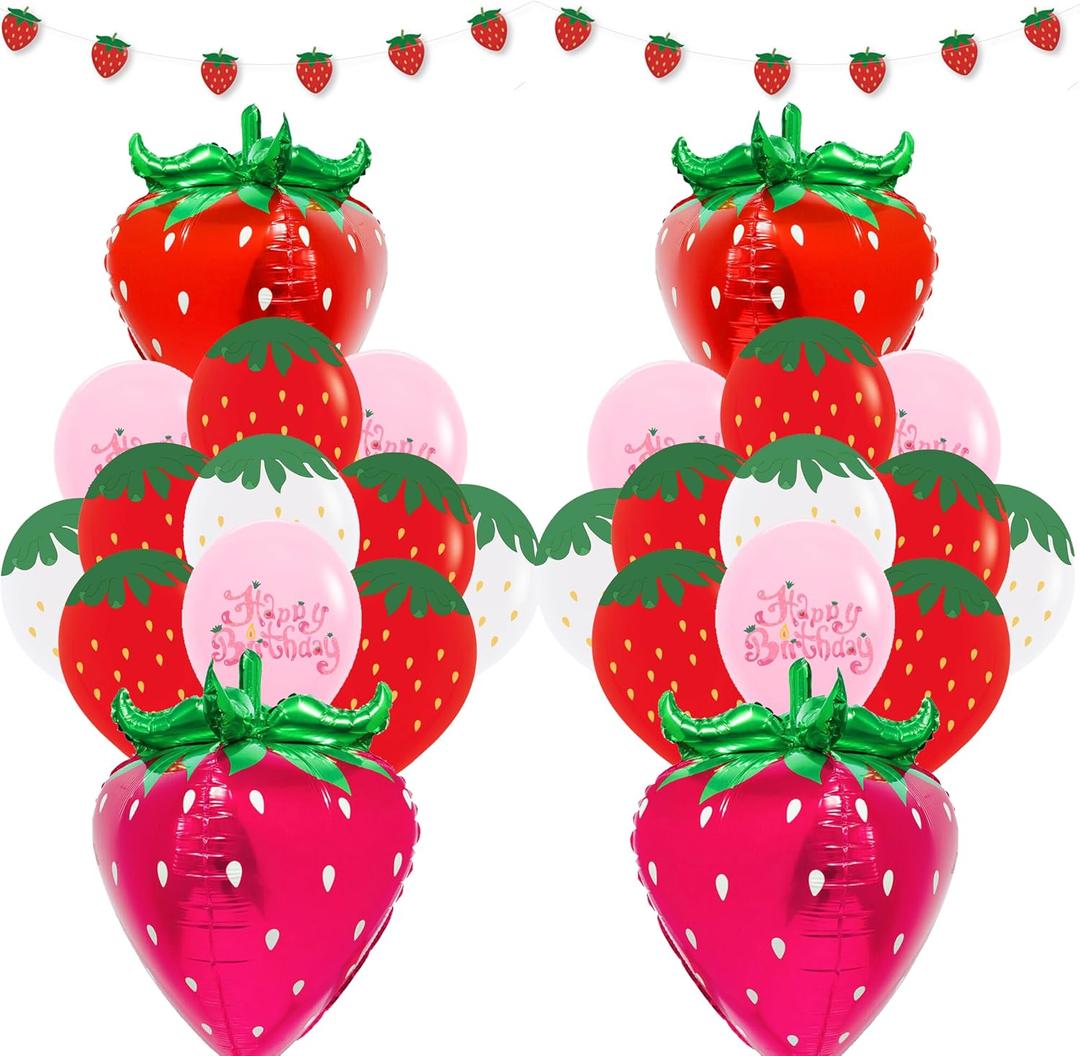 Strawberry party decoration balloon 4D Strawberry foil balloon Strawberry latex balloon Strawberry banner for Sweet Girl Berry First Themed Birthday Party Supplies 26pcs, 14*28 inches, 12 inches