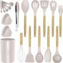Silicone Kitchen Cooking Utensils Set - Heat Resistant/Non-stick/Non Toxic/BPA Free Silicon Spoons Spatula Whisk Tongs Wooden Handle Kitchen Gadgets Utensil Set with Holder (Khaki)