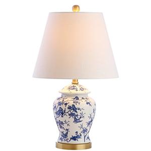 JONATHAN Y 22" Blue/White Ceramic Table Lamp, French Country Chinoiserie Ginger Jar LED Bedside Lamp for Living Room Bedroom, White Linen Shade, JYL3005A