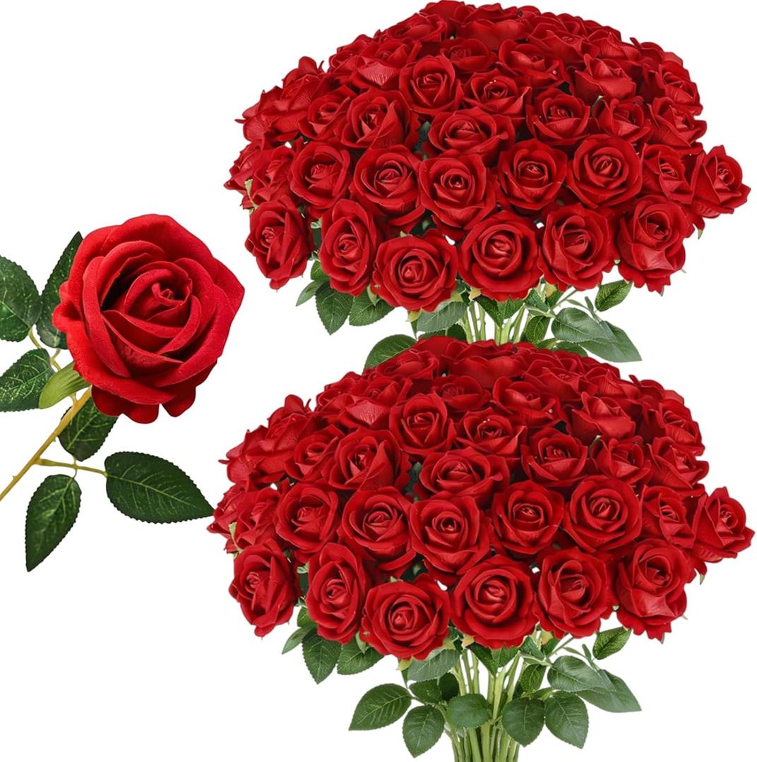 50 Pcs Red Artificial Roses in Bulk Fake Roses with Stems, 20" Long | Realistic Silk Roses for DIY Wedding Bouquets Tables Centerpieces Arrangements Party Baby Shower Birthday Home Decor Gift