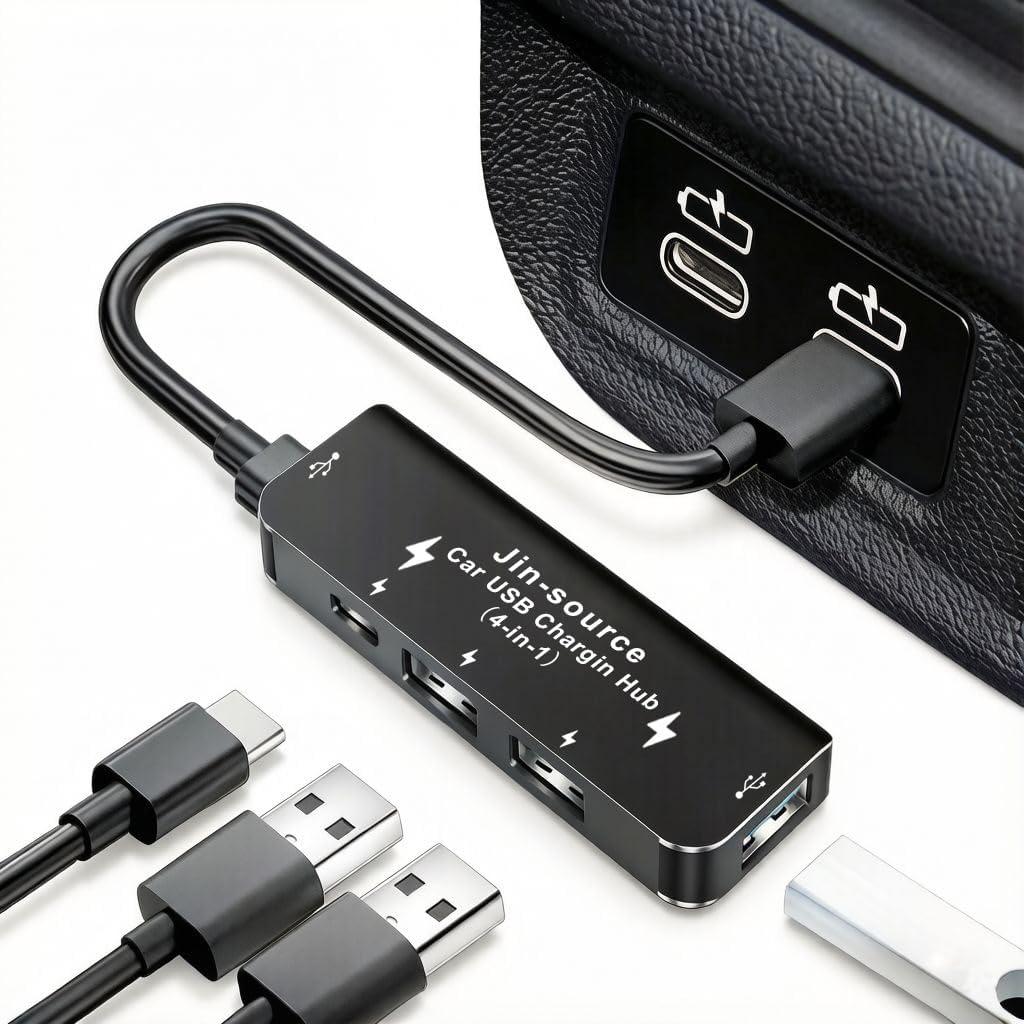 Car Accessories 4-in-1 Car USB Hub Equipped with a Data Interface and Multiple Type-C/USB-A Fast Charging interfacesUSB Hub for iPhone,iPad,Samsung Galaxy,USB Flash DriveAndroidBlack