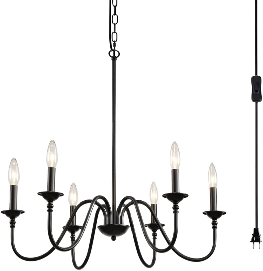 HOXIYA Pre-Wired Plug-in Chandelier, 28" Black Chandelier with Long Cord Farmhouse Chandelier Modern Hanging Pendant Light Rustic Industrial for Dining Living Room Bedroom Gazebo