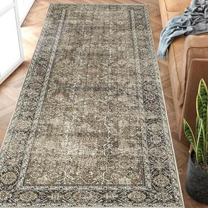 PureCozy Brown Runner Rug 2x5 Vintage Area Carpet Hallway Indoor Kitchen Washable Living Room Low Pile Traditional Distressed Retro Accent Throw Rug Non Slip for Laundry Bathroom Office Dining Room