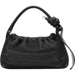 Women's Handmade Mesh Knitted Leather Bag - Black and Green, Twisted Strap, Adjustable Shoulder Strap